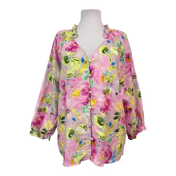 Hester & Orchard Tops - Hester & Orchard NEW XL Button Down Top Blouse Floral Pink V-Neck 3/4 Sleeves